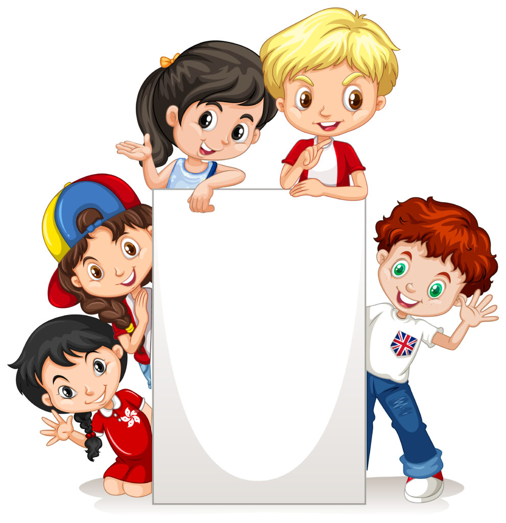 Frame template with happy kids on paper