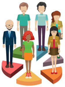 People above the parts of the pie